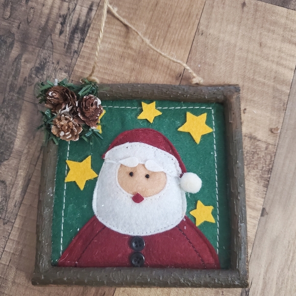 Lot of 3 Holiday homemade felt ornaments plaid mittens Santa framed gingerbread - Picture 2 of 16